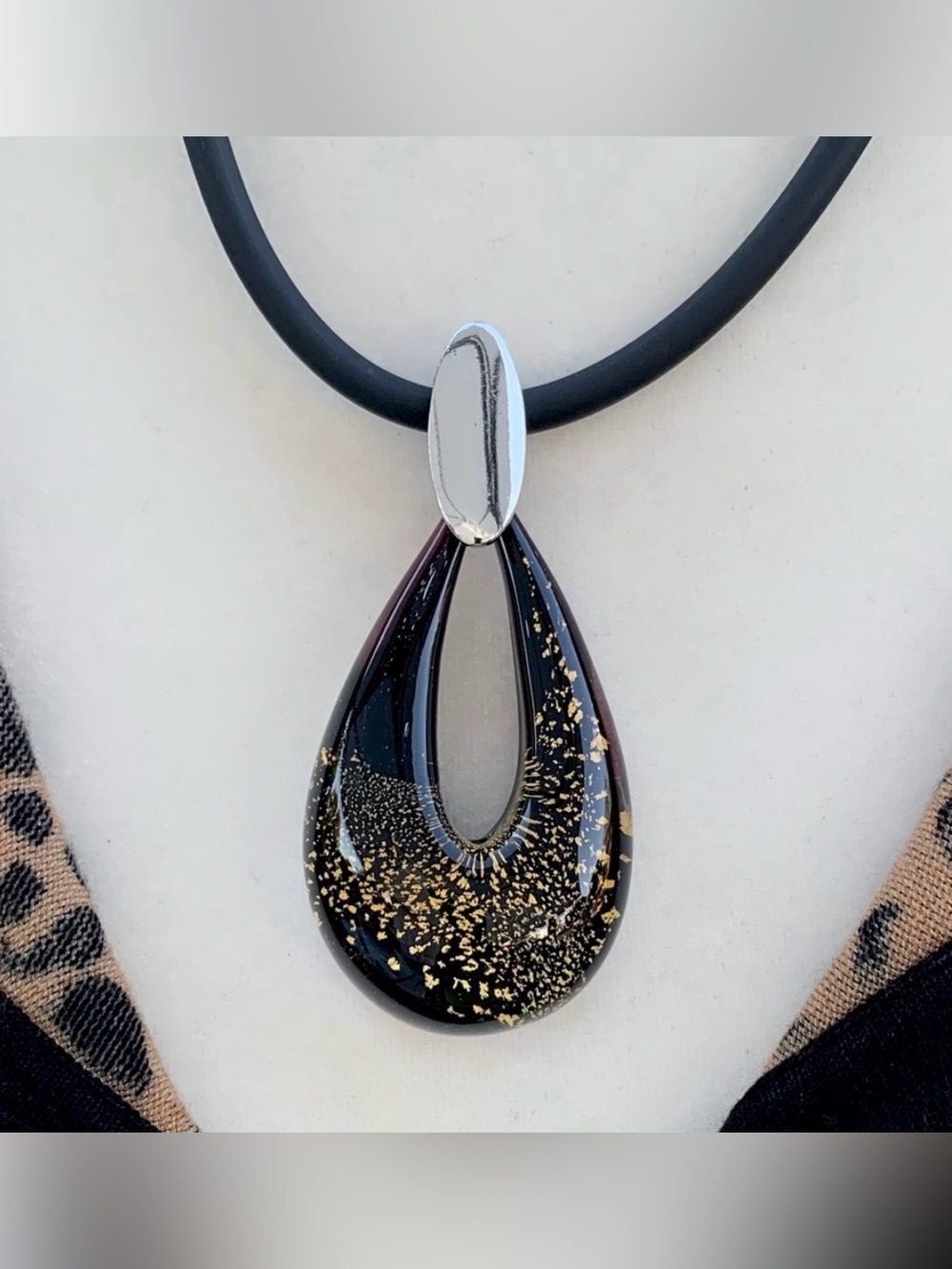 Murano Glass Art-To-Wear Large Black with Gold Flecks Teardrop Loop 20” Necklace